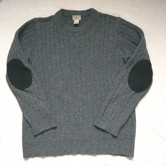 LL Bean Sweater Mens L Tall Gray LambsWool Elbow Patches Rib Knit Chunky Outdoor - Picture 1 of 6